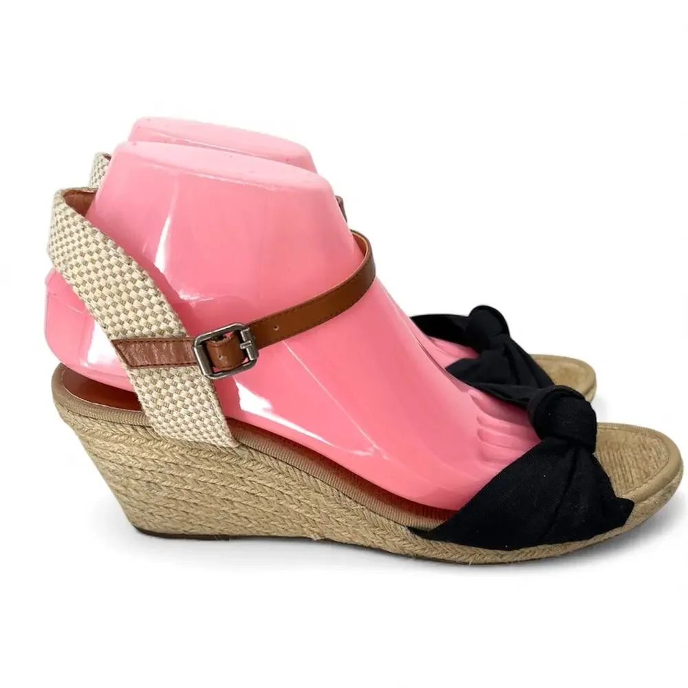 LUCKY BRAND Black Canvas & Jute Open Toe Wedges 9 Coastal Boho Neutral Twee